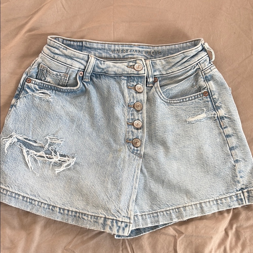 Light Blue Denim Skort with Distressed Details